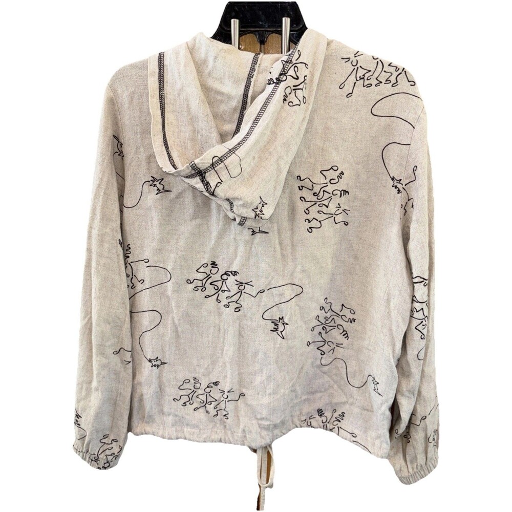 Produce Company Women Hooded Jacket People Dog Doodle Print Ivory L Button - Picture 8 of 10